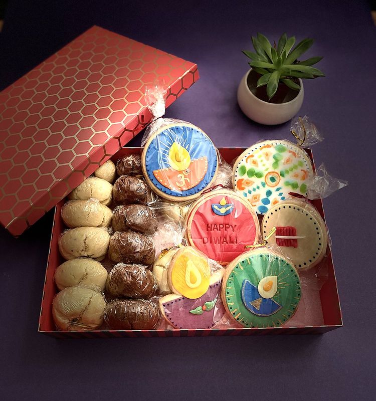Diwali gift box of egg-free cookies and hand-decorated diya sugar cookies
